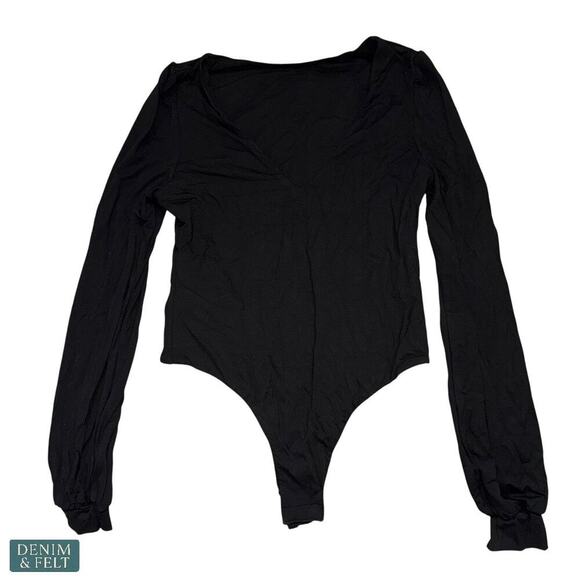 Halara Black V-Neck Long Sleeve Puff Sleeve Work Bodysuit Size Medium NEW - Picture 8 of 11